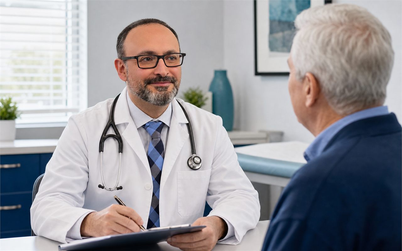 Dr. Maurilio Hernandez reviewing care with an older adult patient in a primary care clinic