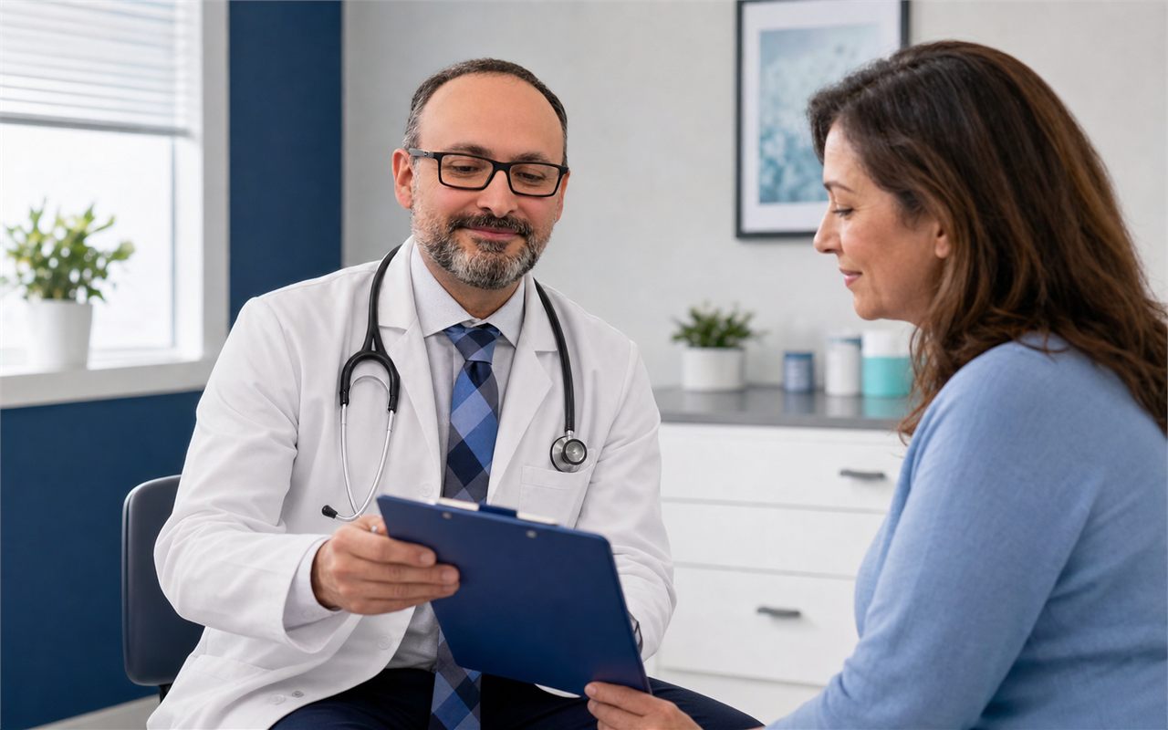 Dr. Maurilio Hernandez speaking with a patient in a clean medical office